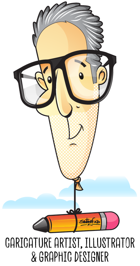 Official profile caricature of santanafirpo, a graphic designer and illustrator in Boston. The artwork features a stylized character portrait with glasses and a creative pencil icon.